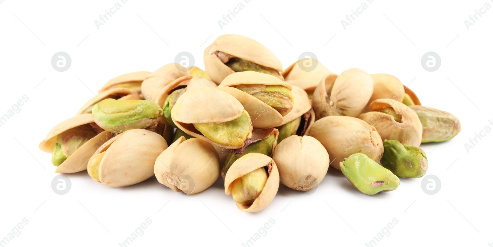 Photo of Heap of tasty pistachio nuts isolated on white