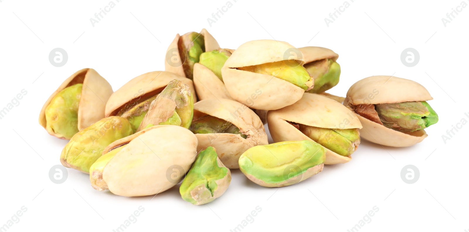 Photo of Heap of tasty pistachio nuts isolated on white