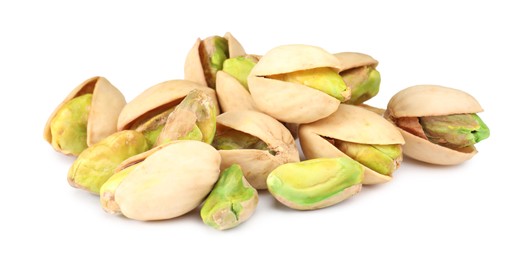 Heap of tasty pistachio nuts isolated on white