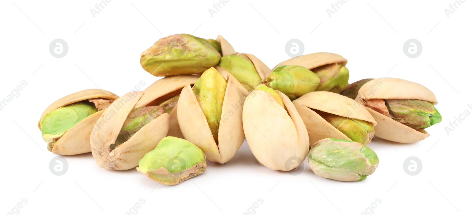 Photo of Heap of tasty pistachio nuts isolated on white