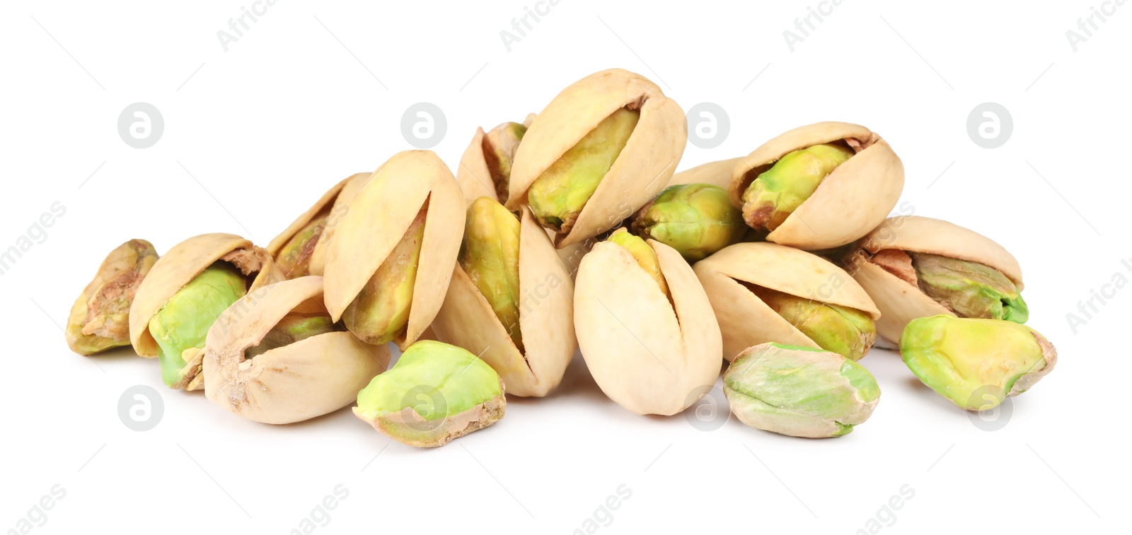 Photo of Heap of tasty pistachio nuts isolated on white