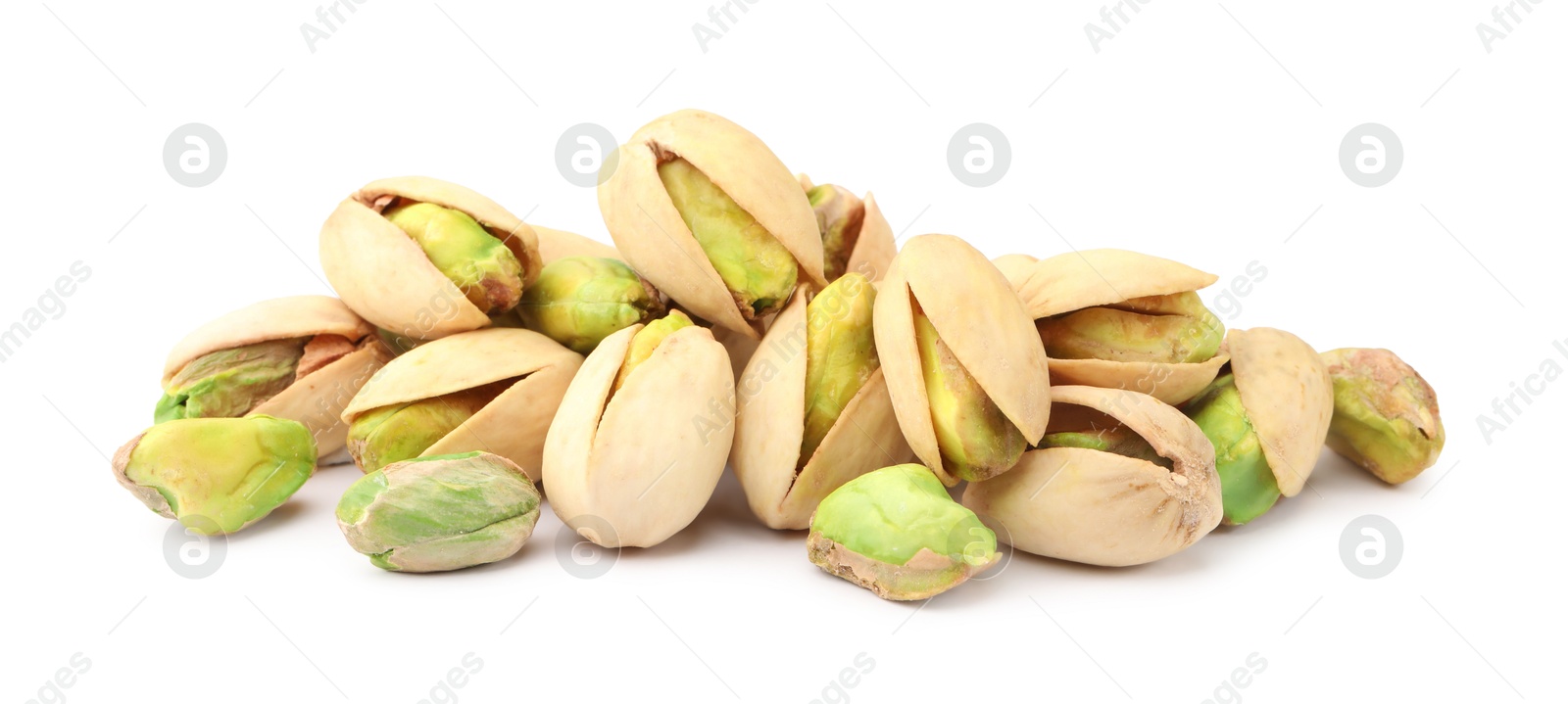 Photo of Heap of tasty pistachio nuts isolated on white