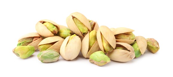 Heap of tasty pistachio nuts isolated on white