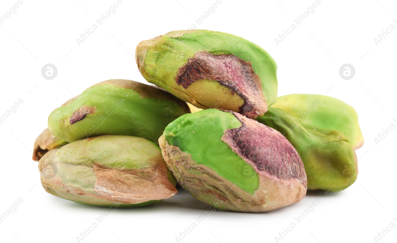 Photo of Tasty peeled pistachio nuts isolated on white