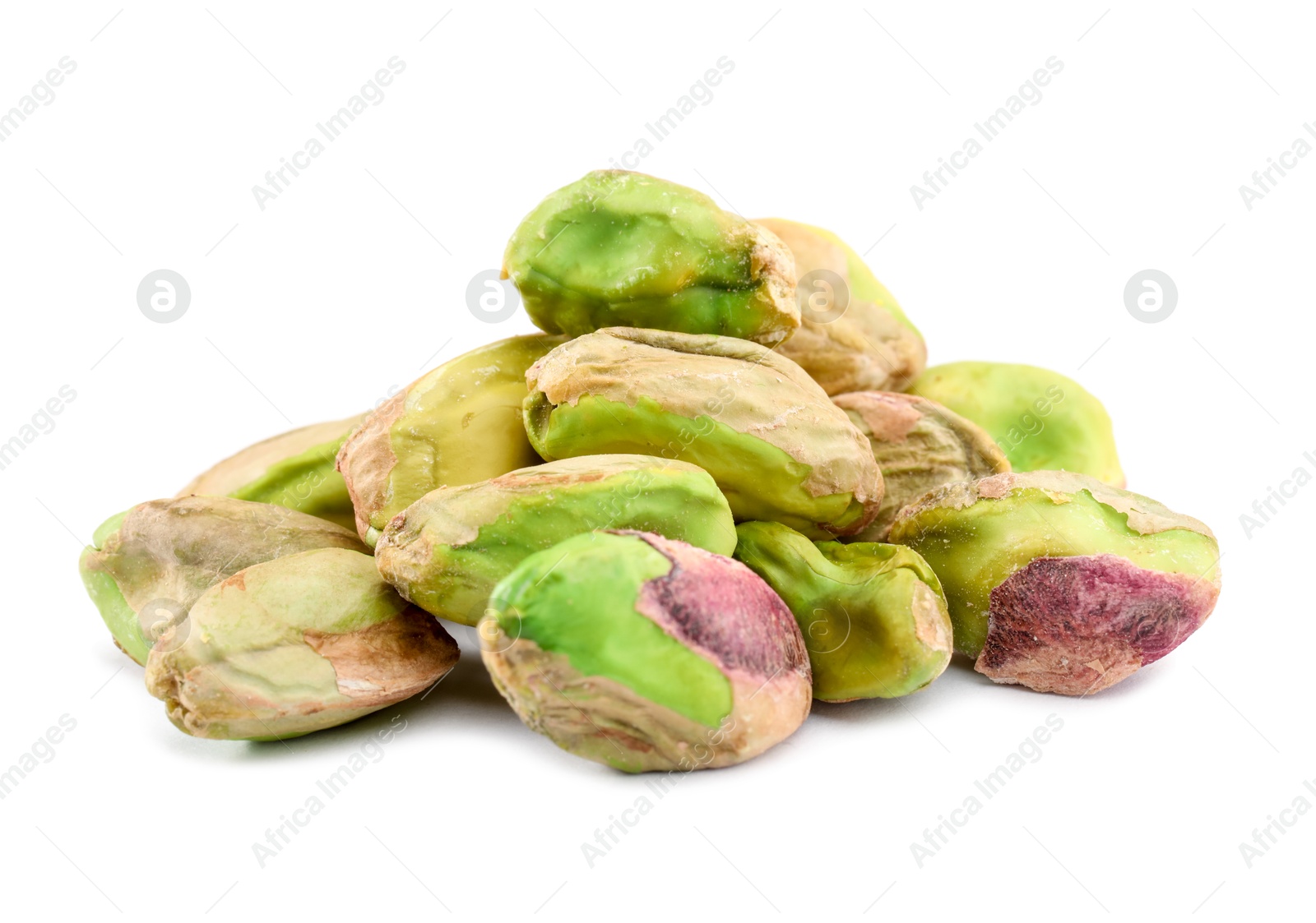 Photo of Tasty peeled pistachio nuts isolated on white