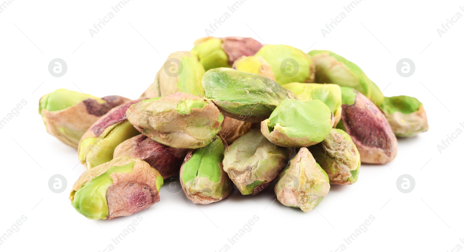 Photo of Tasty peeled pistachio nuts isolated on white