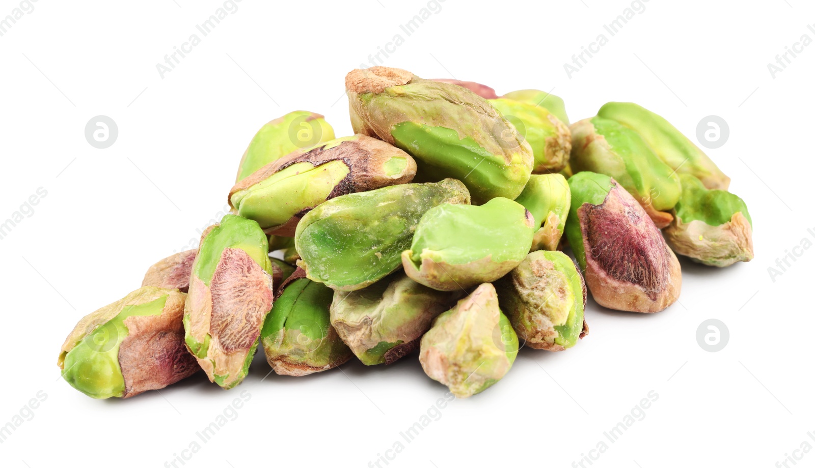 Photo of Tasty peeled pistachio nuts isolated on white