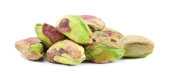 Photo of Tasty peeled pistachio nuts isolated on white