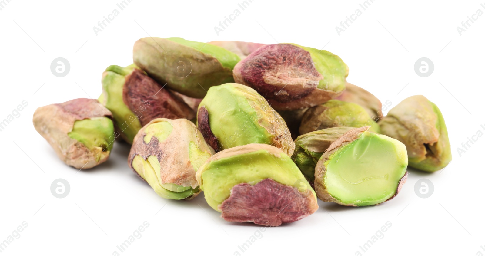 Photo of Tasty peeled pistachio nuts isolated on white