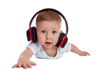 Cute little baby with headphones on white background