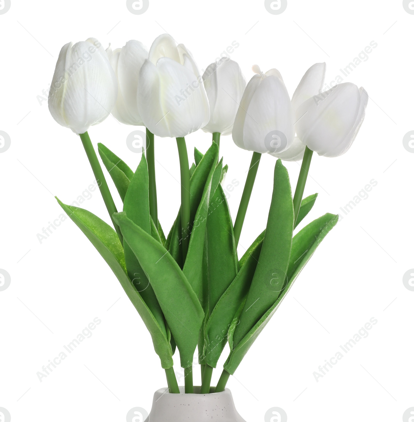 Photo of Beautiful artificial tulip flowers in vase isolated on white