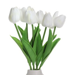 Photo of Beautiful artificial tulip flowers in vase isolated on white