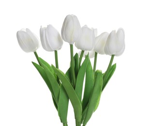 Many beautiful artificial tulip flowers isolated on white