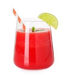 Photo of Tasty watermelon drink in glass, mint and lime isolated on white