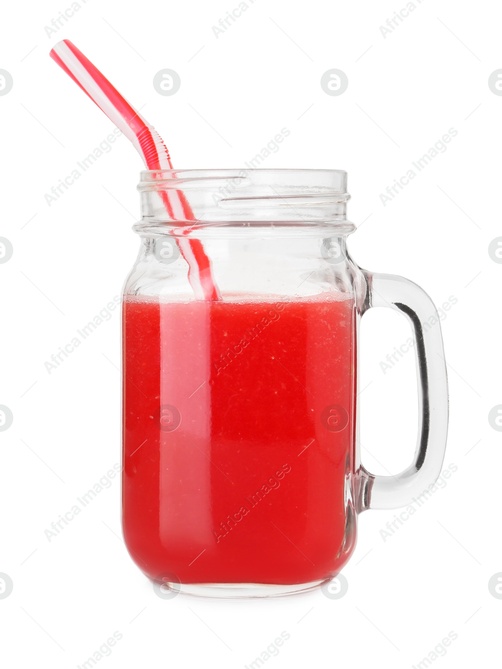 Photo of Tasty watermelon drink in mason jar isolated on white