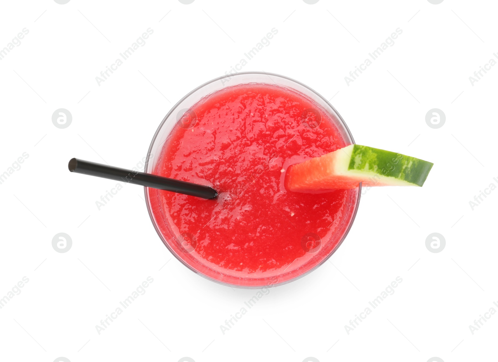 Photo of Tasty watermelon drink in glass and fresh fruit isolated on white, top view