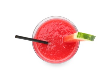 Photo of Tasty watermelon drink in glass and fresh fruit isolated on white, top view