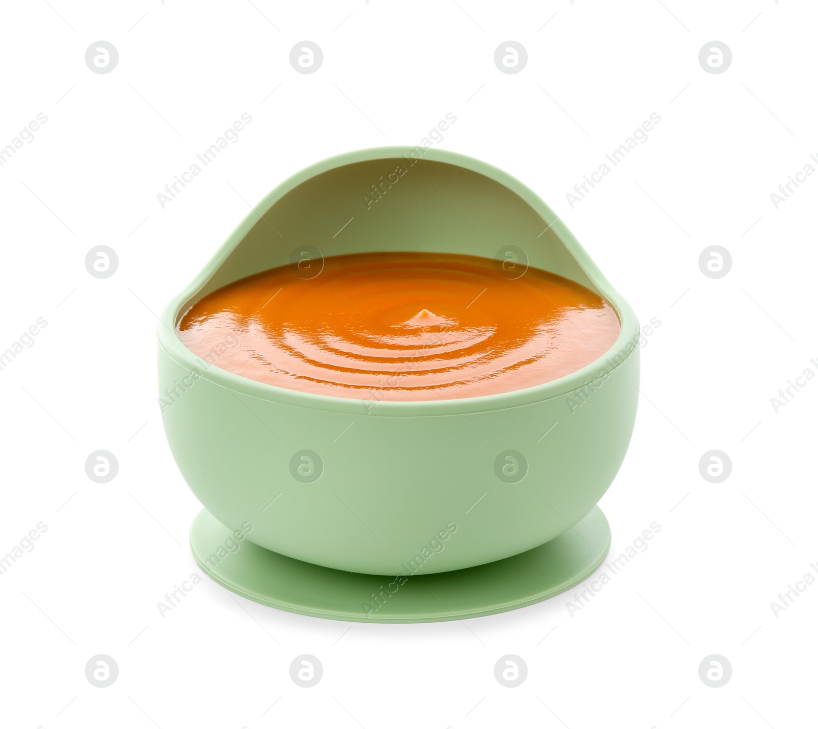 Photo of Tasty baby food in bowl isolated on white