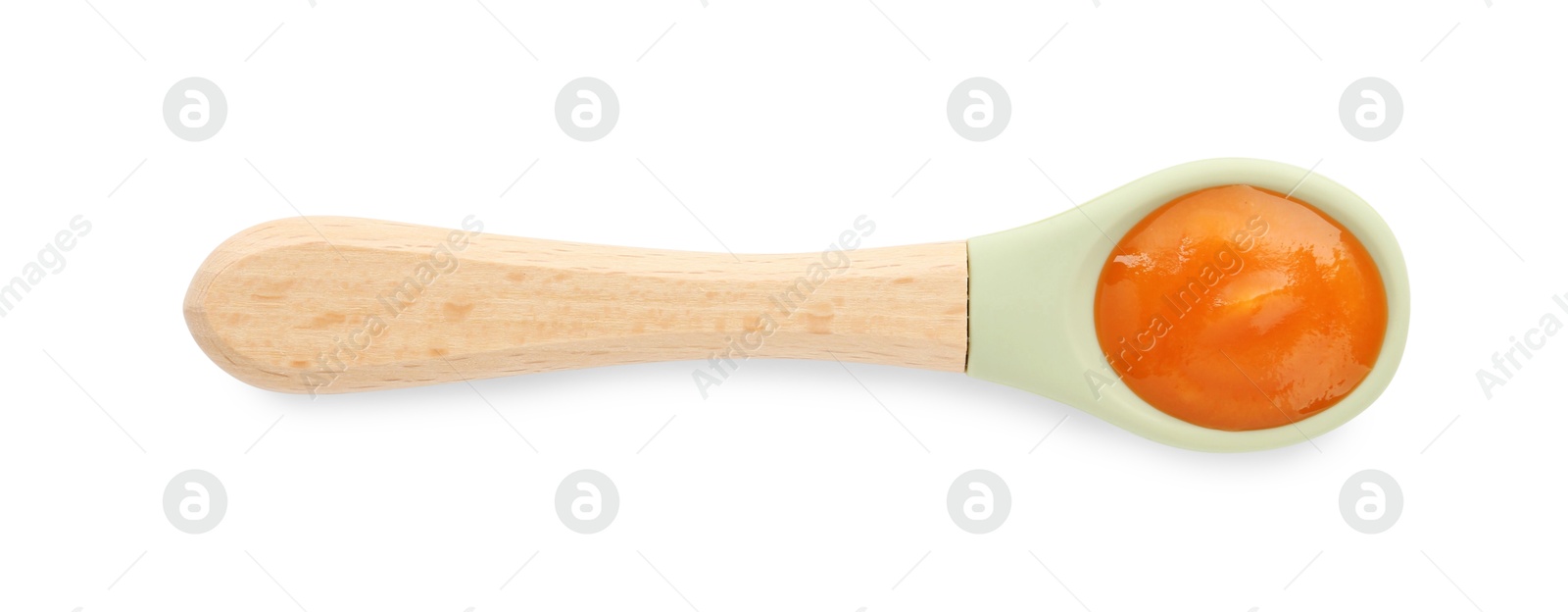 Photo of Spoon with tasty baby food isolated on white, top view