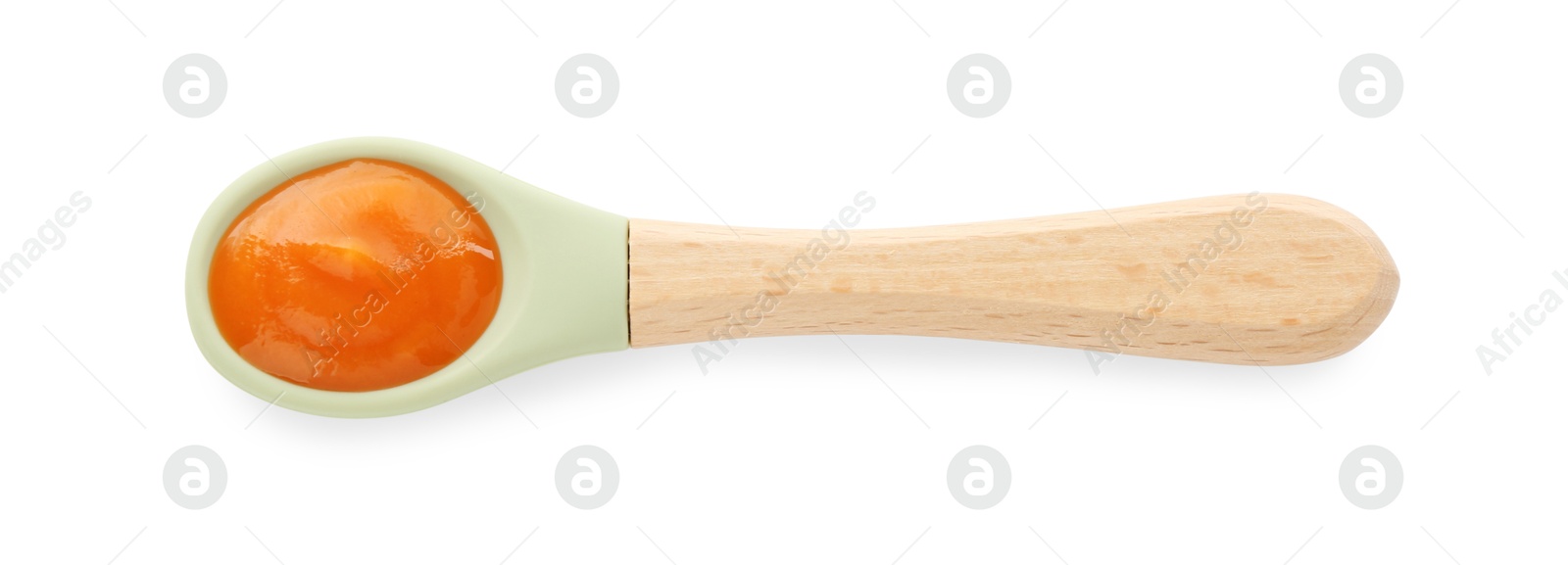 Photo of Spoon with tasty baby food isolated on white, top view