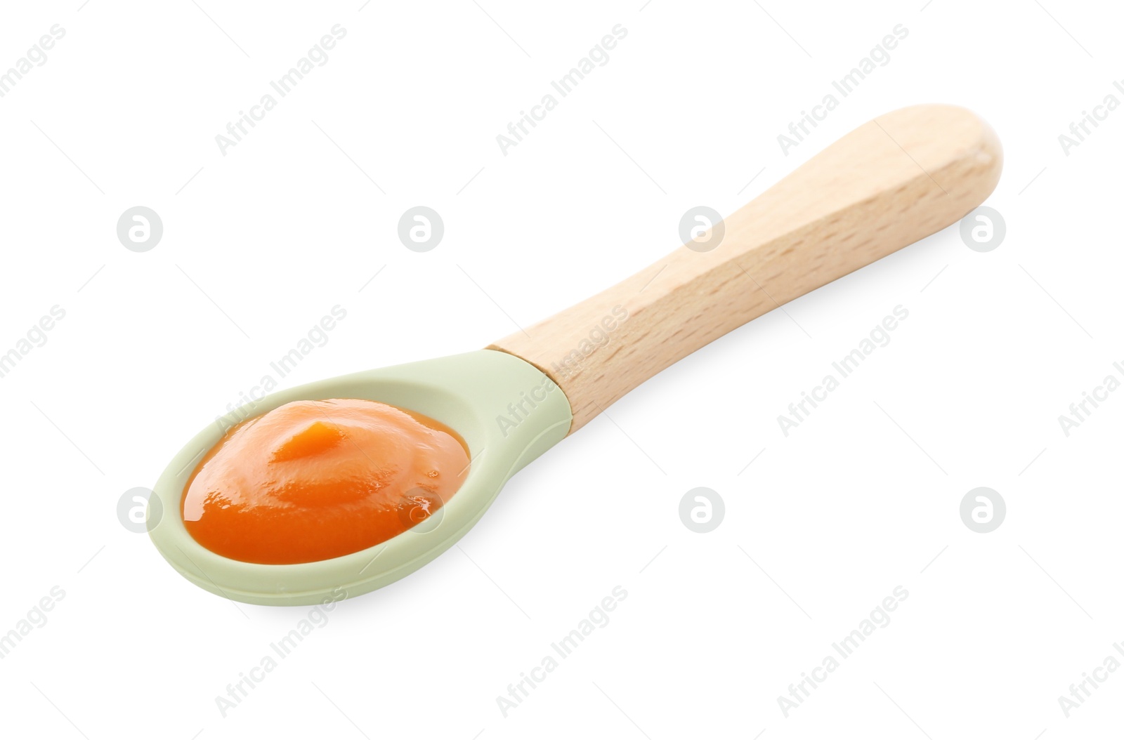 Photo of Spoon with tasty baby food isolated on white