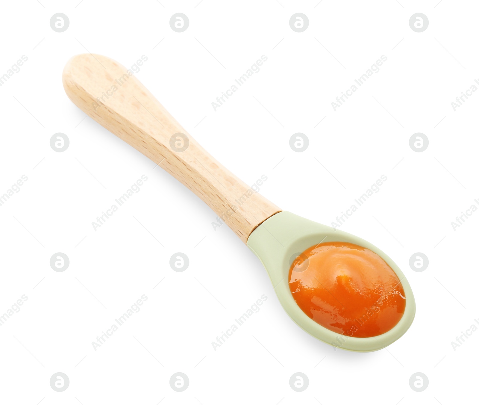 Photo of Spoon with tasty baby food isolated on white, above view