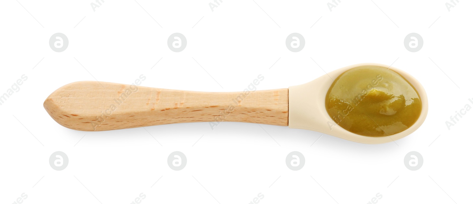 Photo of Spoon with tasty baby food isolated on white, above view