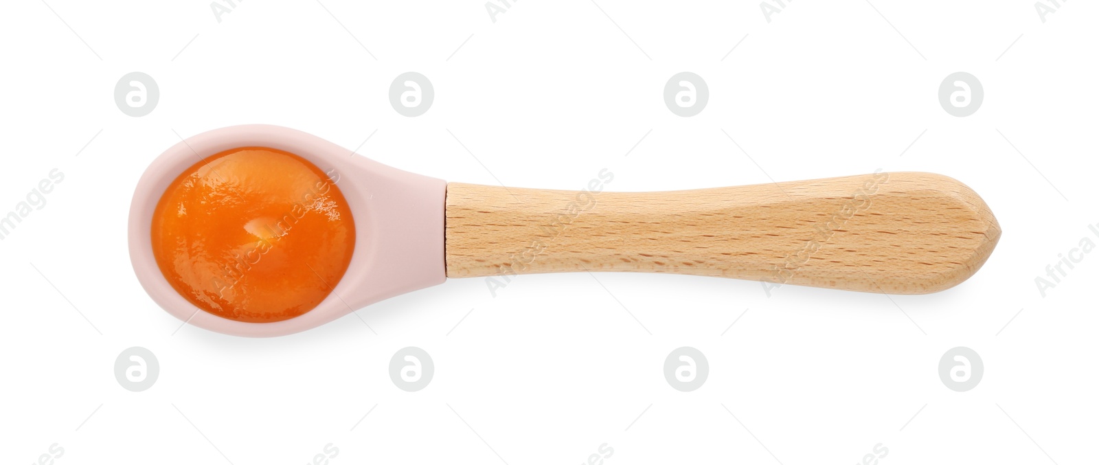 Photo of Spoon with tasty baby food isolated on white, top view