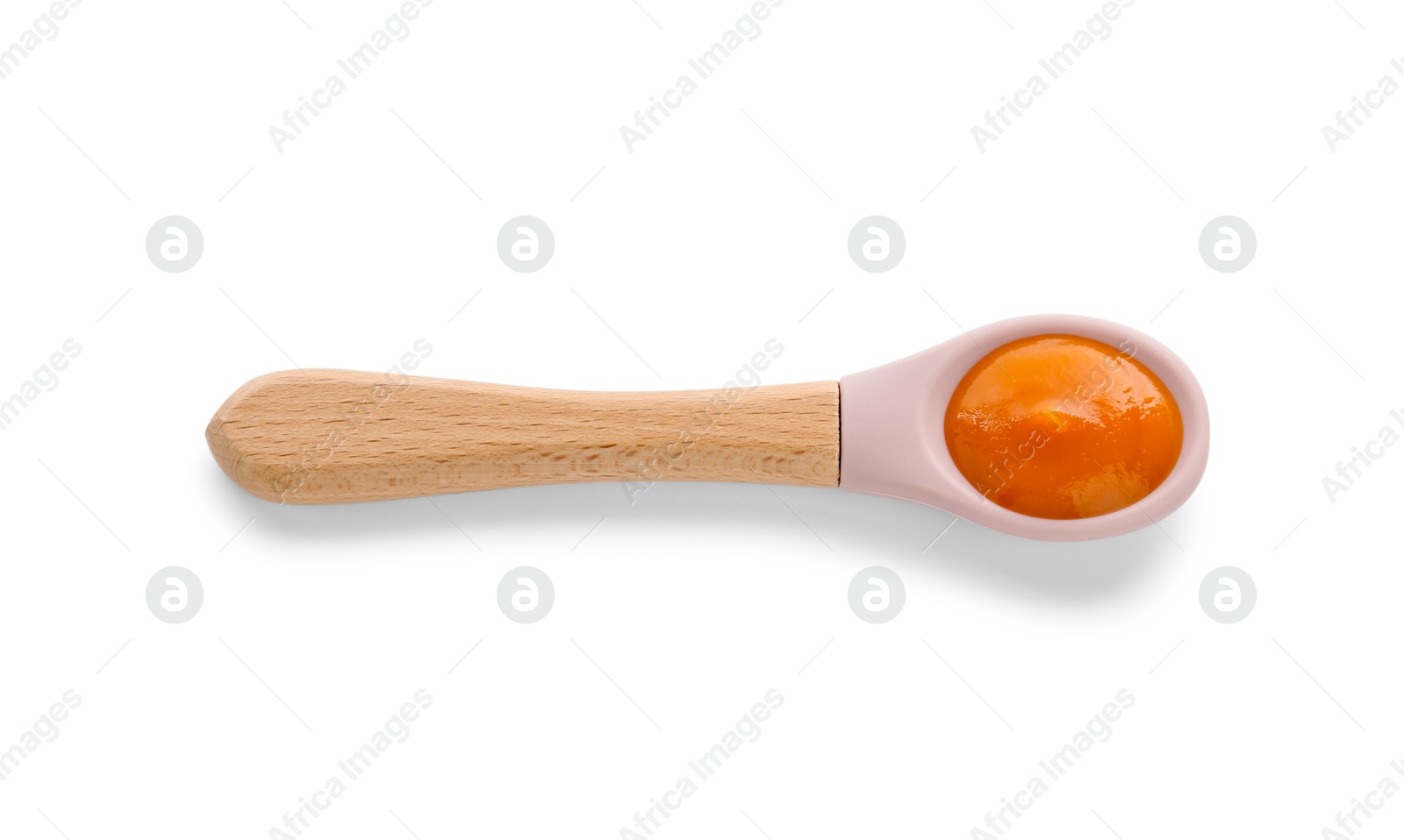 Photo of Spoon with tasty baby food isolated on white, top view