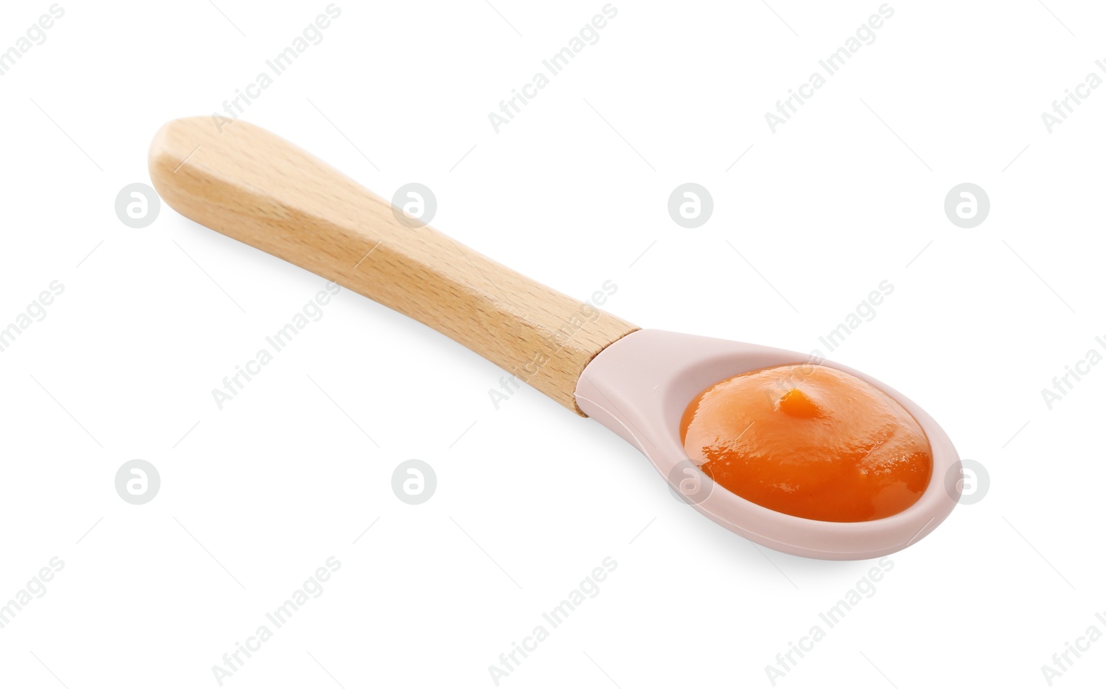 Photo of Spoon with tasty baby food isolated on white