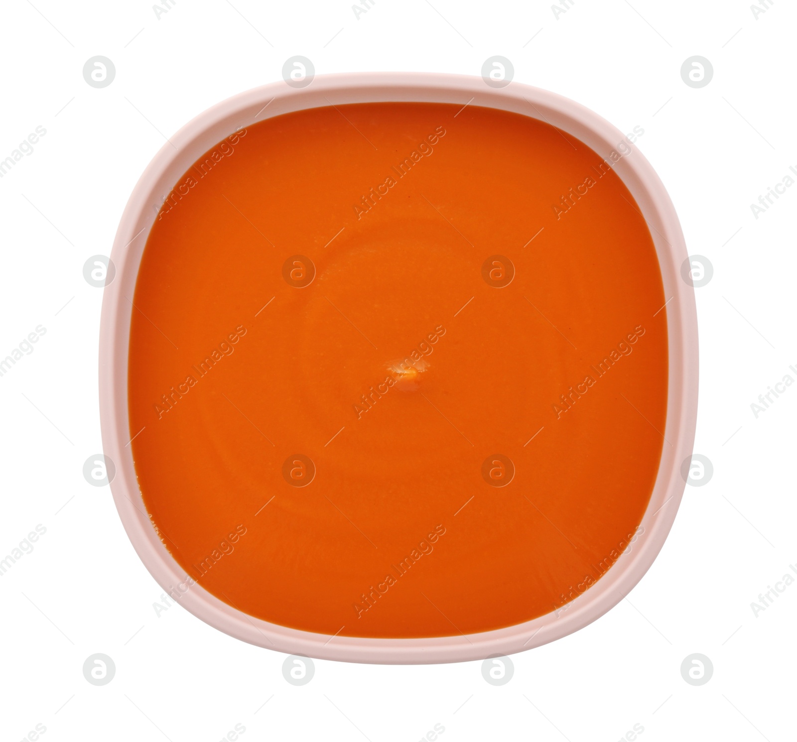 Photo of Tasty baby food in bowl isolated on white, top view