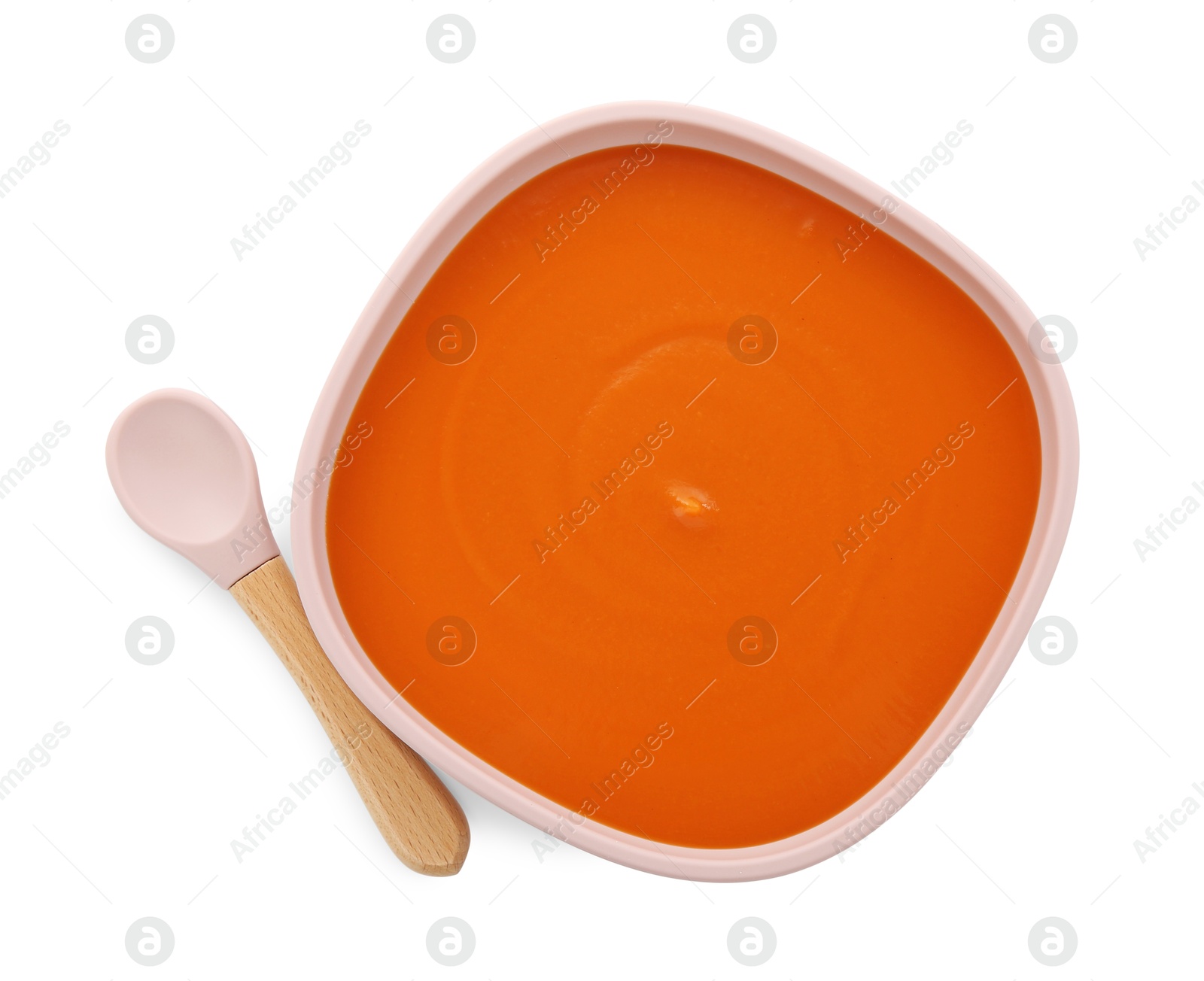 Photo of Tasty baby food and spoon isolated on white, top view