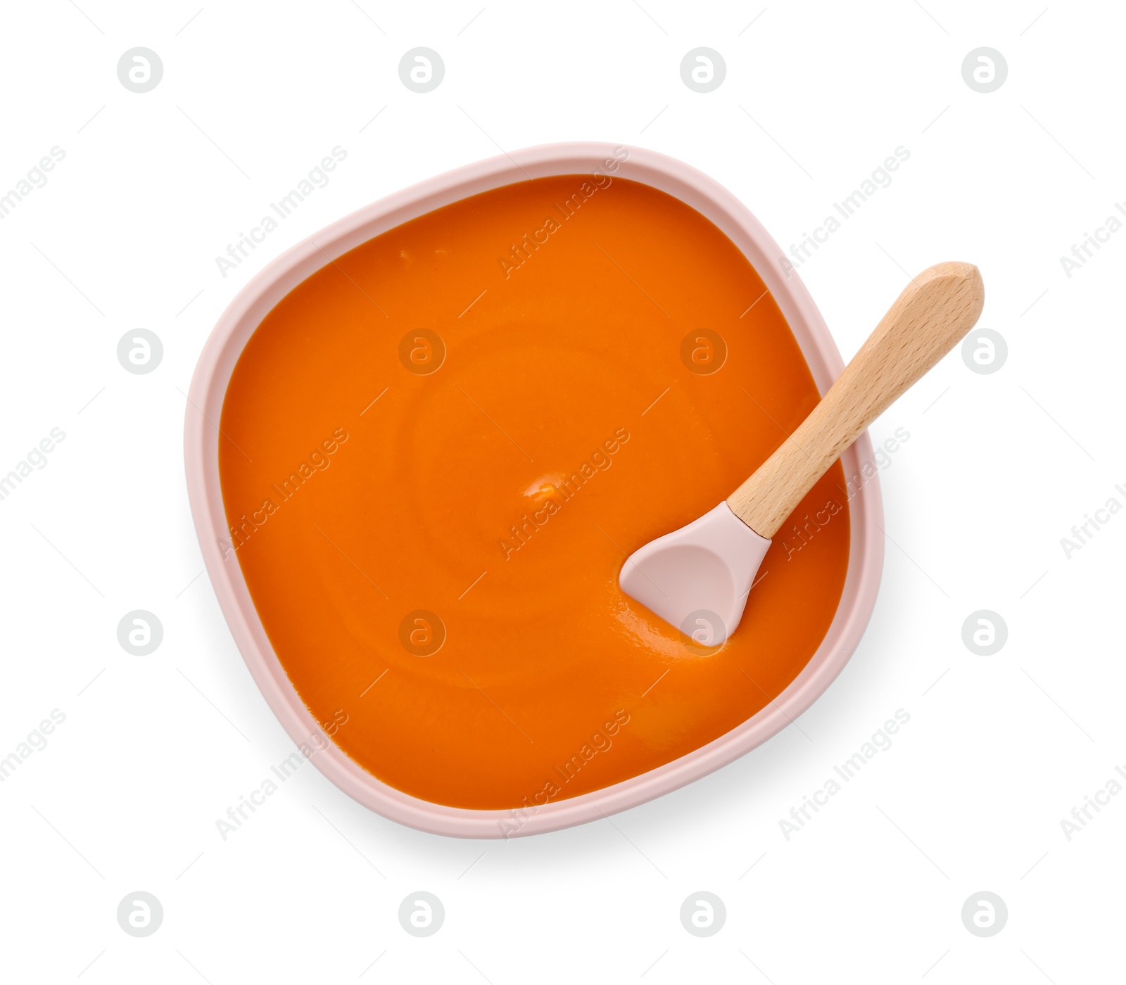 Photo of Tasty baby food and spoon isolated on white, top view