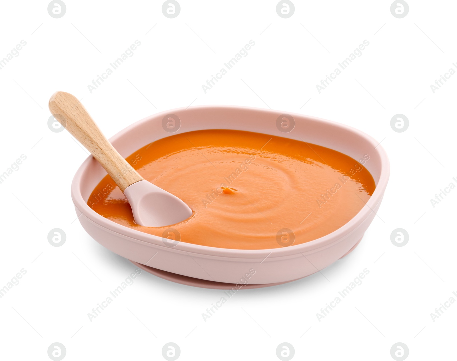 Photo of Tasty baby food and spoon isolated on white