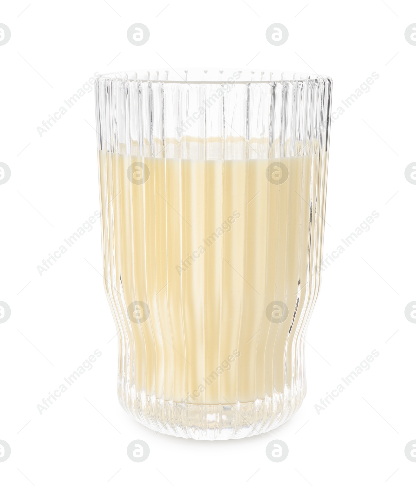 Photo of Tasty pineapple smoothie in glass isolated on white