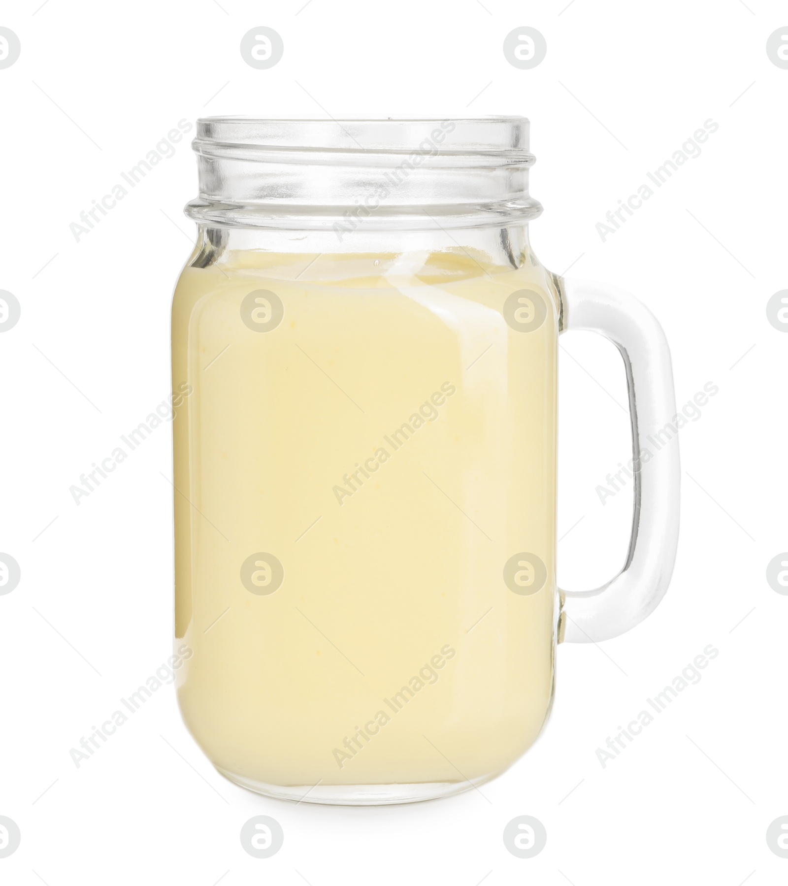 Photo of Tasty pineapple smoothie in mason jar isolated on white