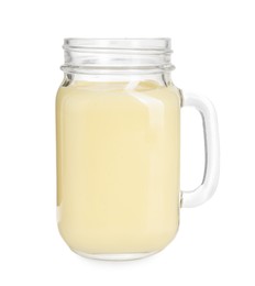 Photo of Tasty pineapple smoothie in mason jar isolated on white