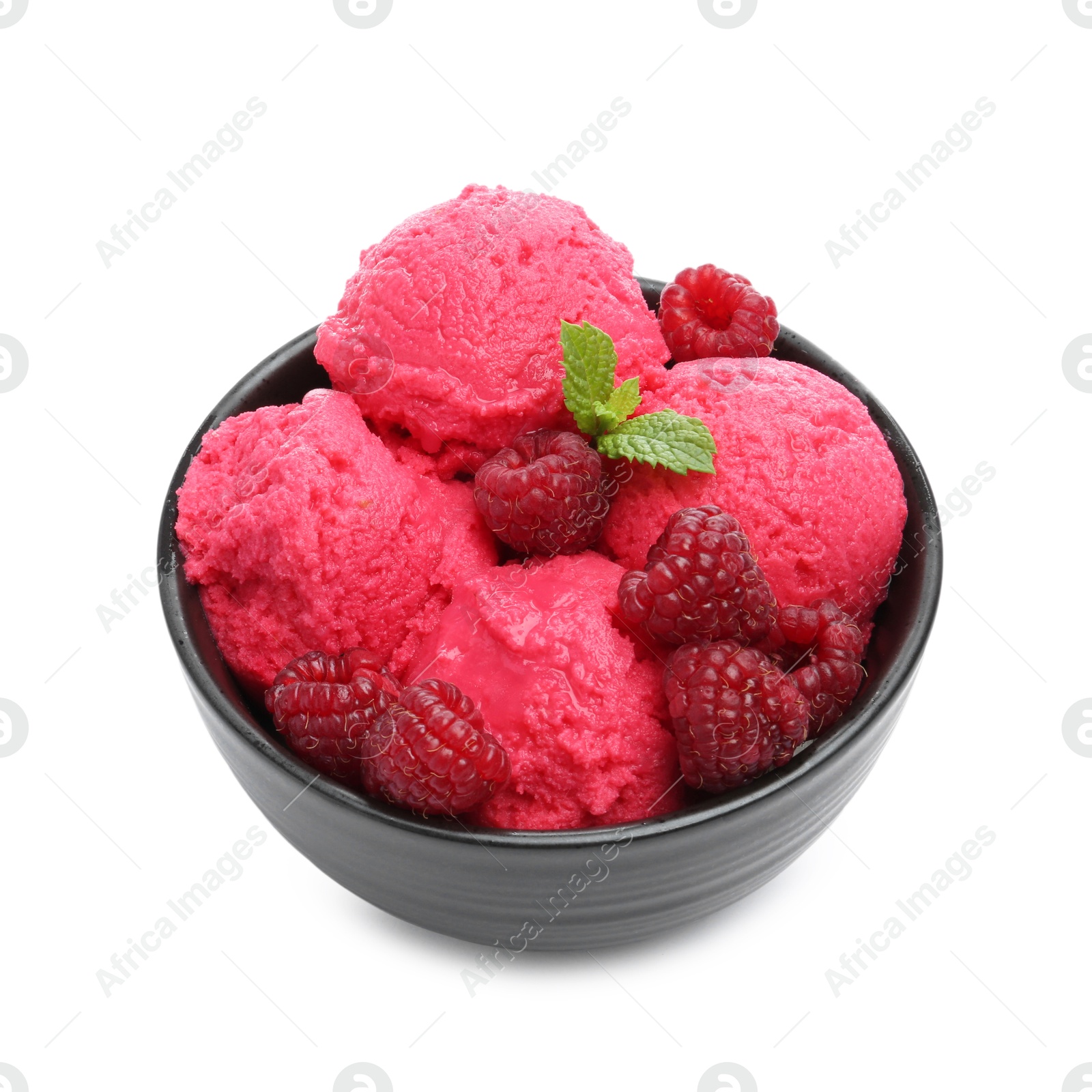 Photo of Delicious raspberry sorbet, fresh berries and mint in bowl isolated on white