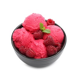 Photo of Delicious raspberry sorbet, fresh berries and mint in bowl isolated on white