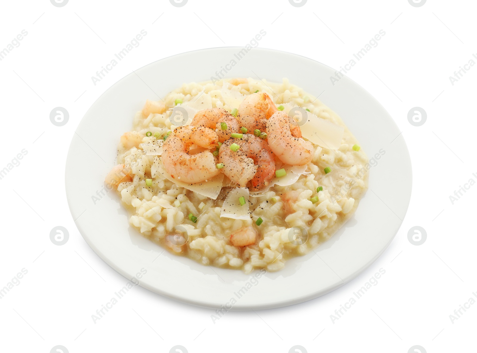 Photo of Delicious risotto with shrimps and cheese isolated on white