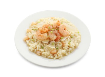 Photo of Delicious risotto with shrimps and cheese isolated on white