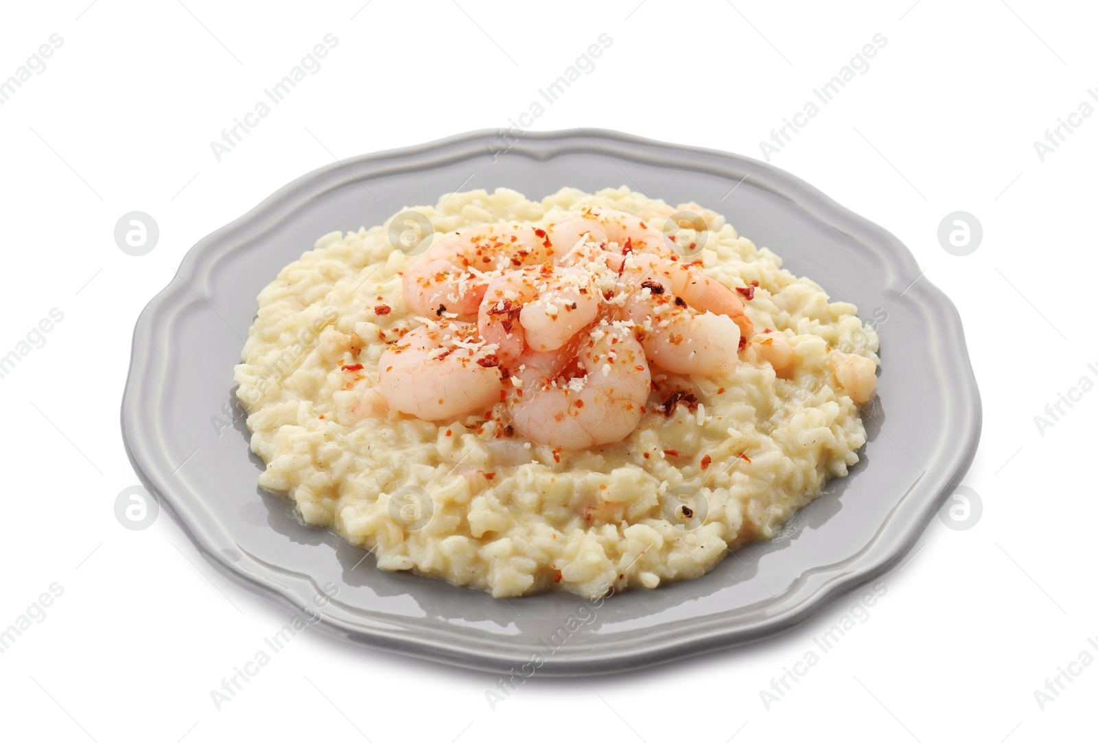 Photo of Delicious risotto with shrimps and cheese isolated on white