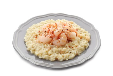 Photo of Delicious risotto with shrimps and cheese isolated on white