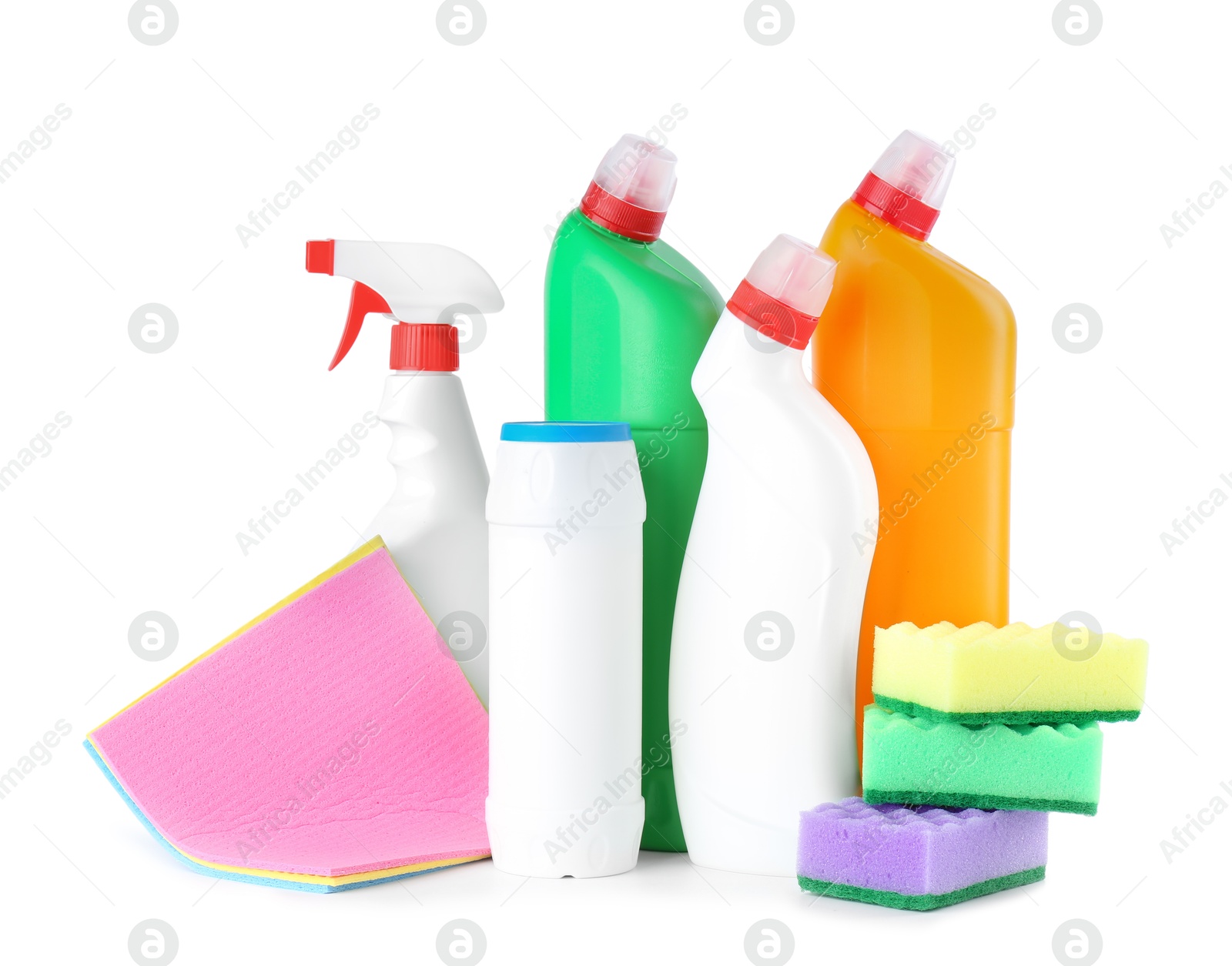 Photo of Different toilet cleaners, stack of sponges and rags isolated on white