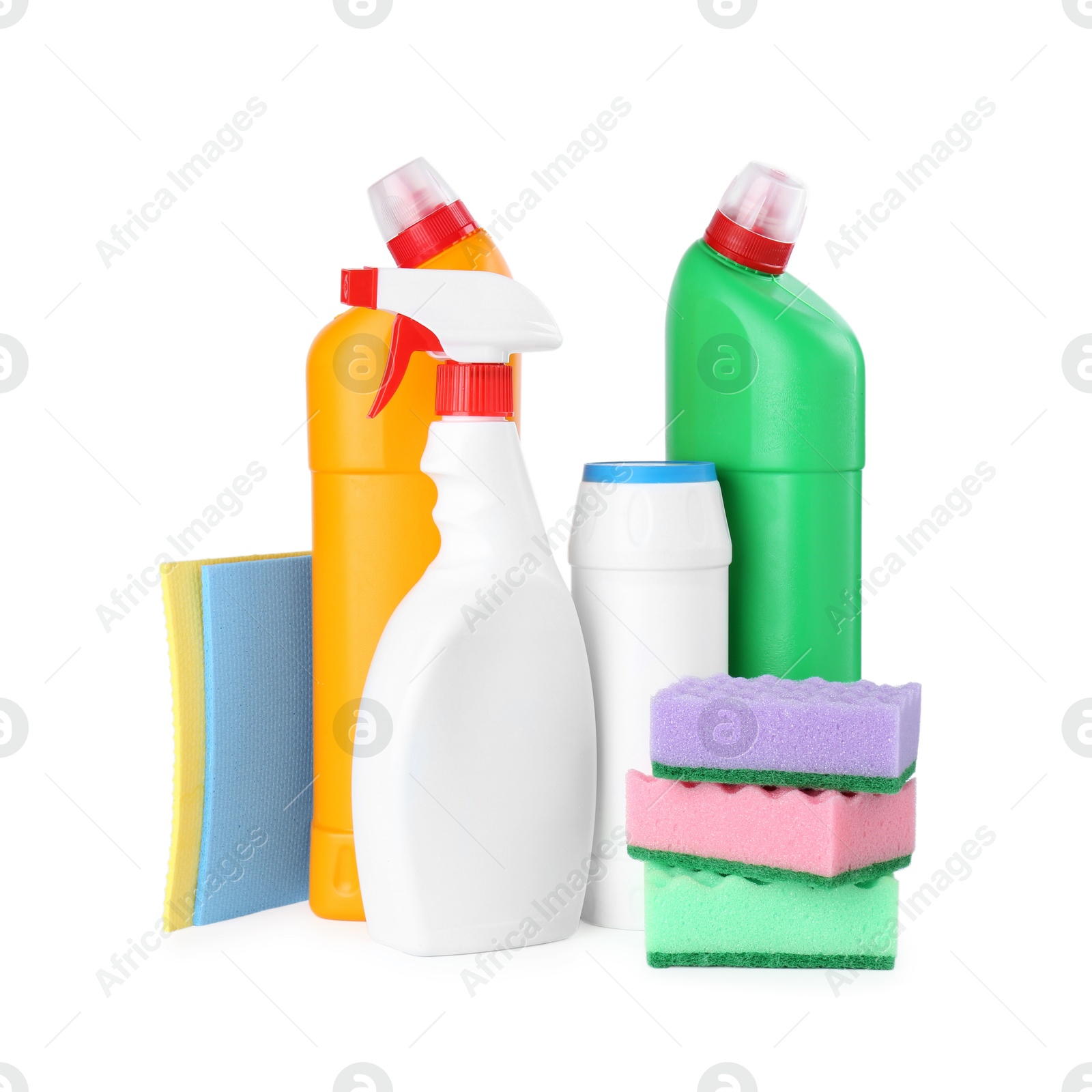 Photo of Different toilet cleaners, stack of sponges and rags isolated on white