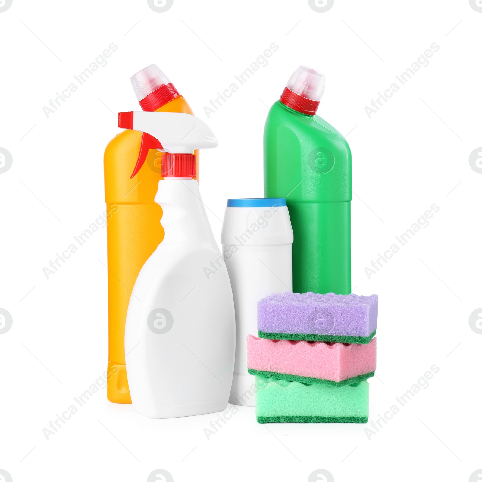 Photo of Different toilet cleaners and stack of sponges isolated on white