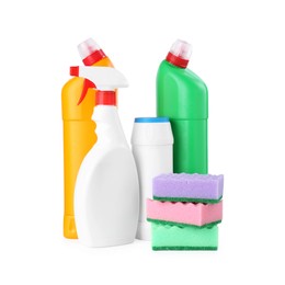 Photo of Different toilet cleaners and stack of sponges isolated on white