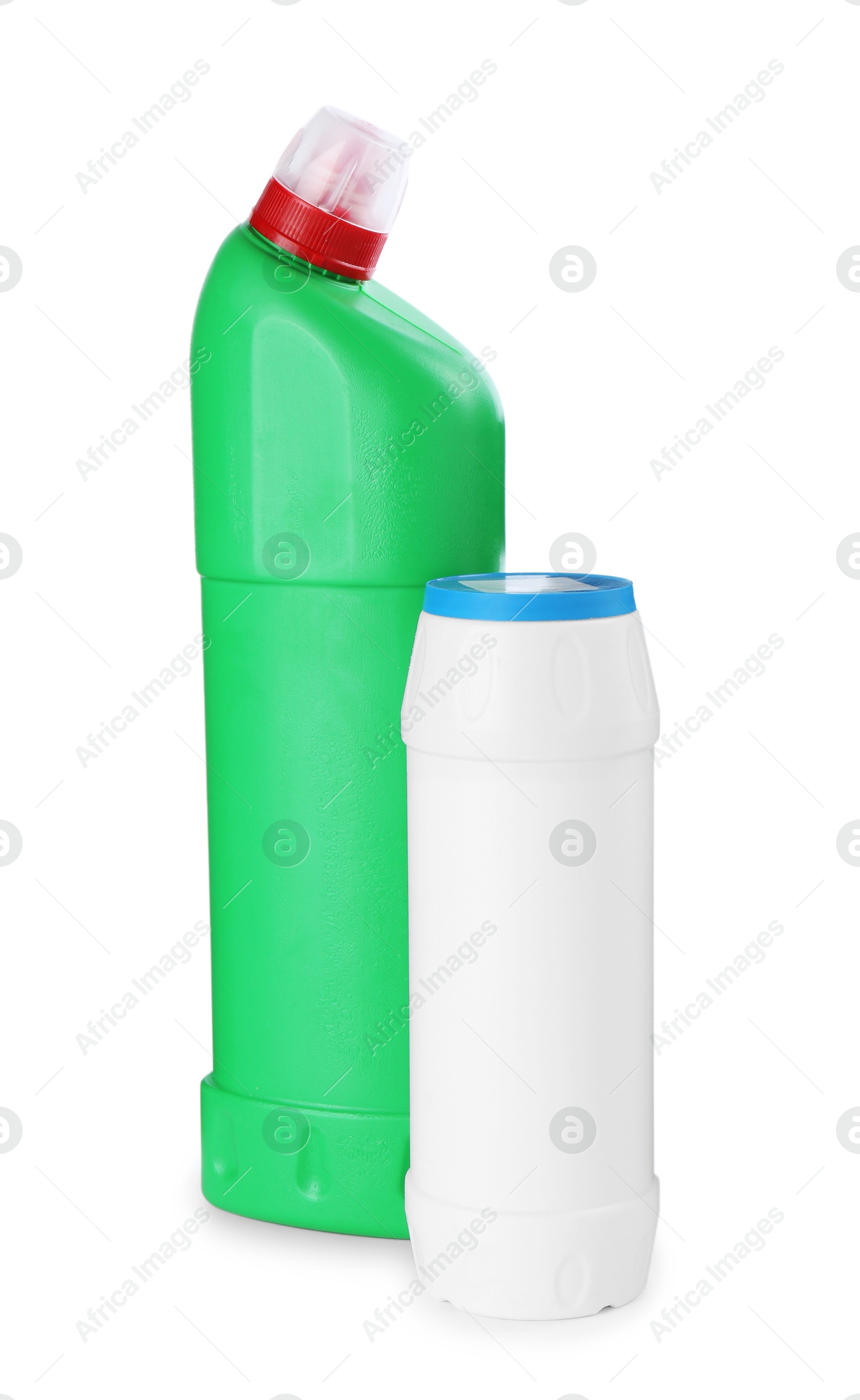 Photo of Two toilet cleaners in bottles isolated on white