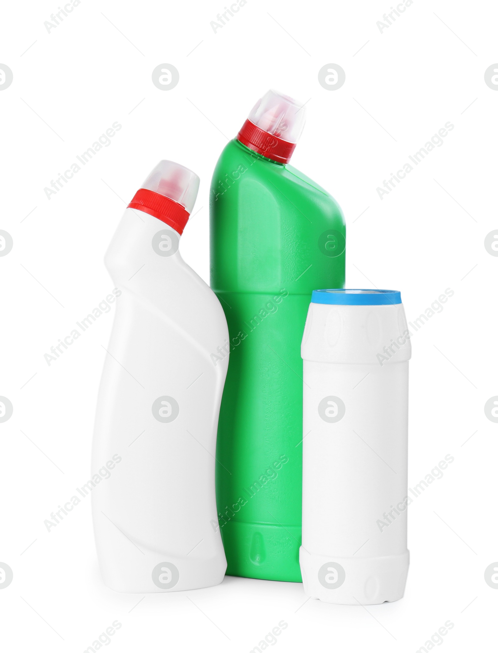 Photo of Different toilet cleaners in bottles isolated on white