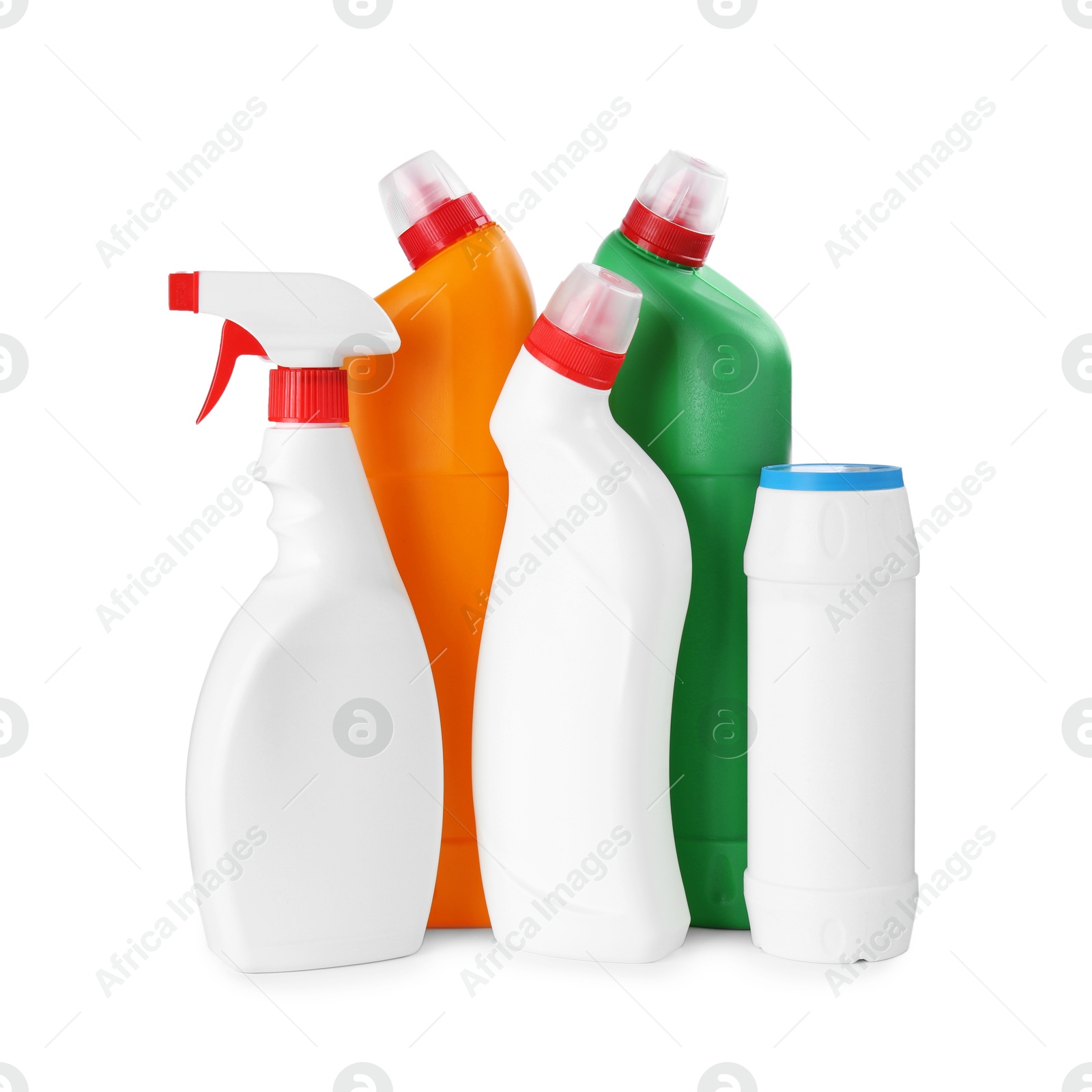 Photo of Different toilet cleaners in bottles isolated on white